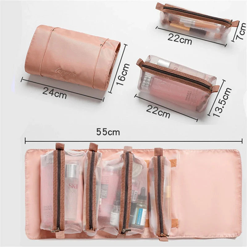 4-in-1 detachable cosmetic bag in green, pink, or black with waterproof material