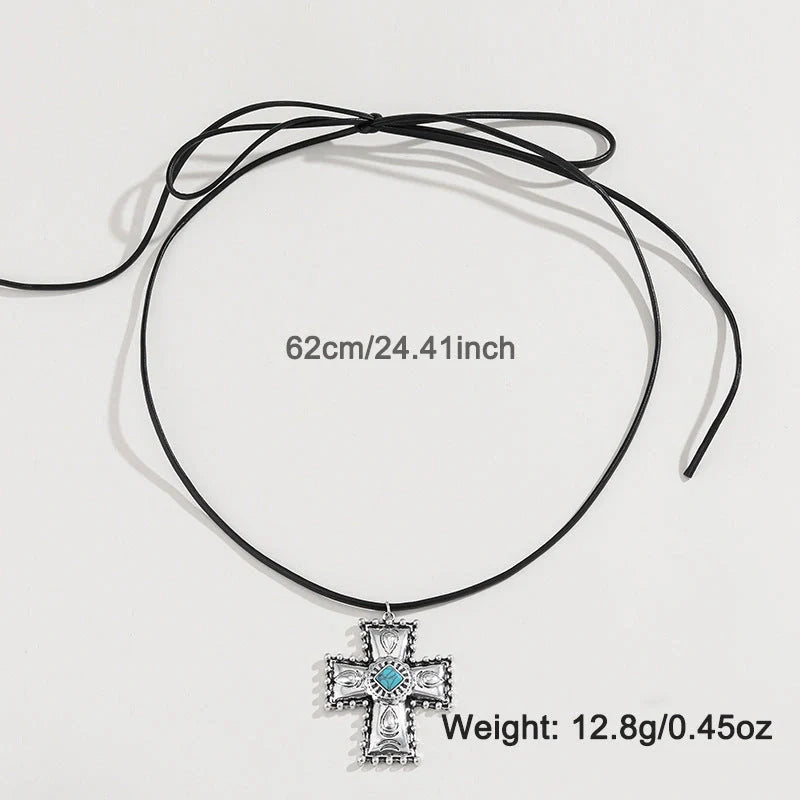 Personalised Turquoise Wax Rope Necklace with Embossed Vintage Cross pendant