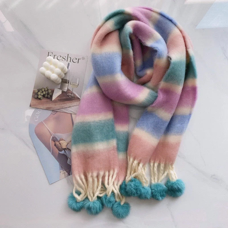 Vibrant rainbow mohair tassel scarf for warmth and style