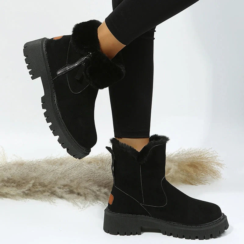 Women's foldable plush snow boots in black and khaki with round-toe design