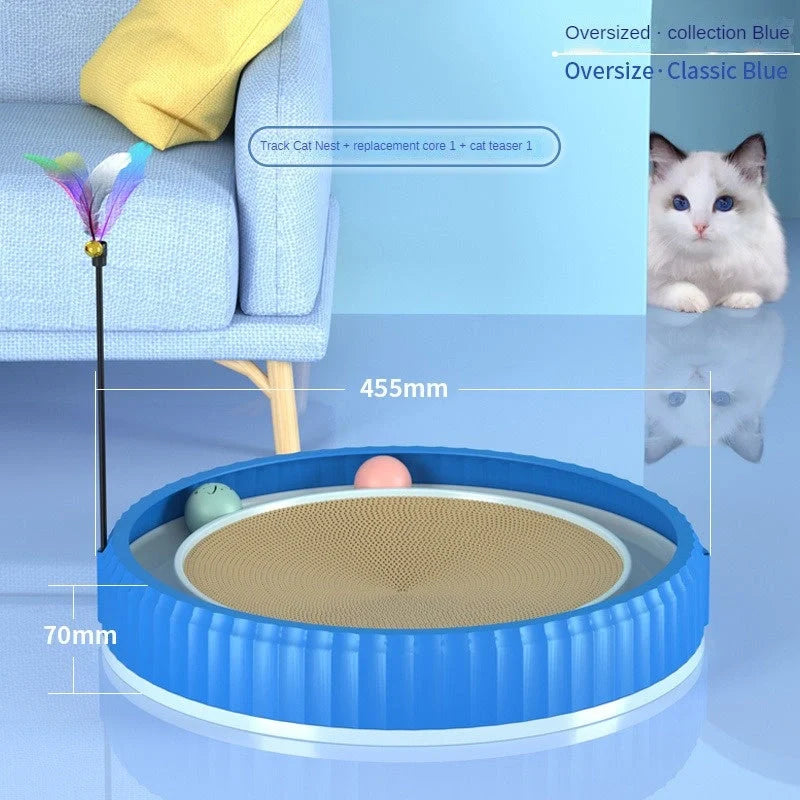 Round cat scratching board with toy ball, protects furniture from scratches