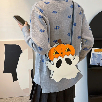 Halloween Shoulder Bag with 3D Cartoon Pumpkin Ghost Design in White