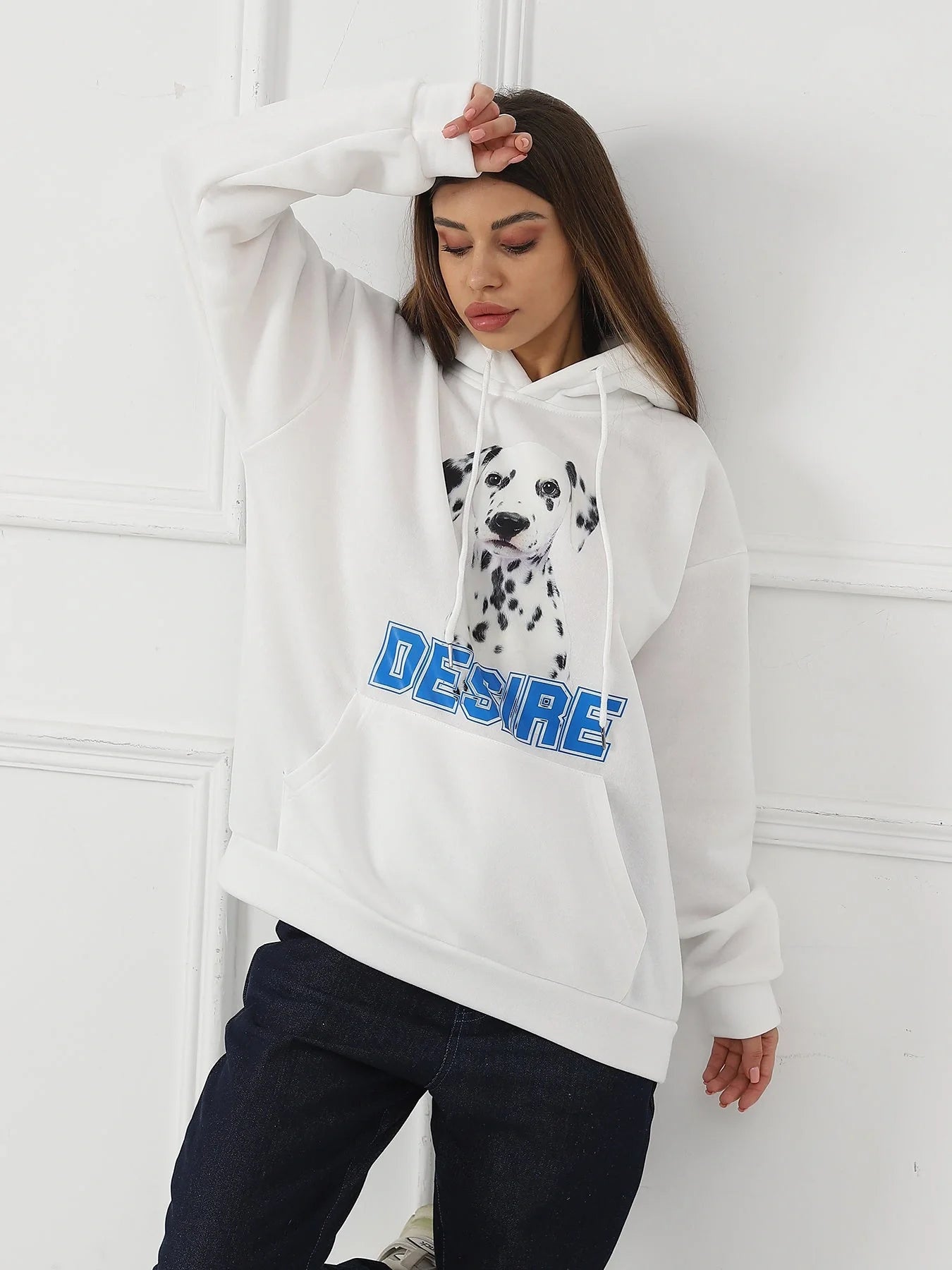 Stylish women's printed long sleeve sweatshirt in black, white, and grey