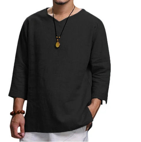 Versatile linen-blend men's v-neck pullover shirt in various colours and sizes