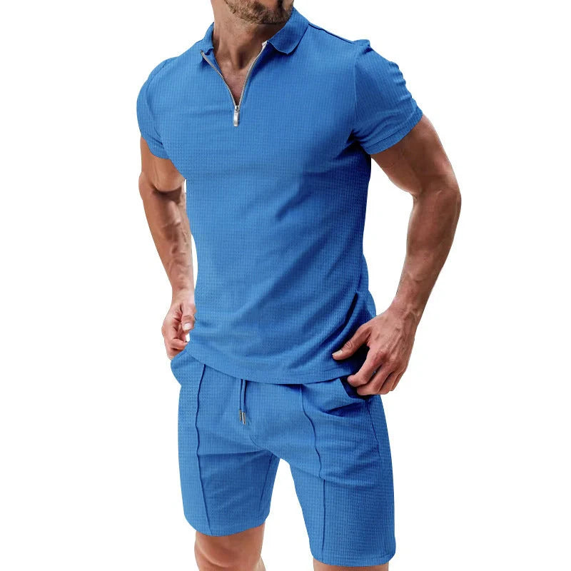 Men's summer waffle suit set with zipper lapel and drawstring shorts in various colours