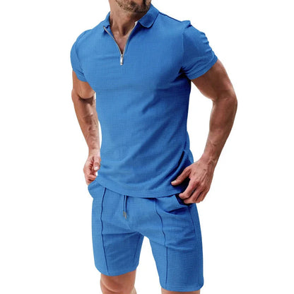 Men's summer waffle suit set with zipper lapel and drawstring shorts in various colours