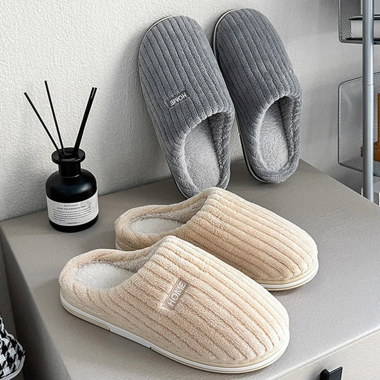 Cozy plush slippers in various colors with non-slip soles for indoor comfort and warmth