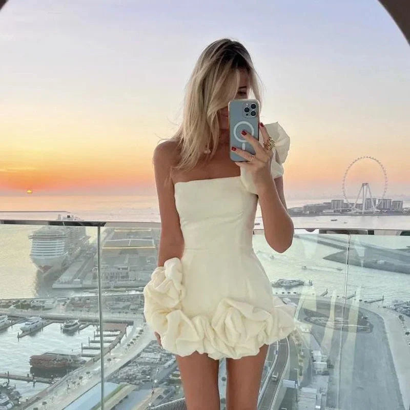 One-shoulder ruffled flower-bud design short dress for women in black, white, green, and blue