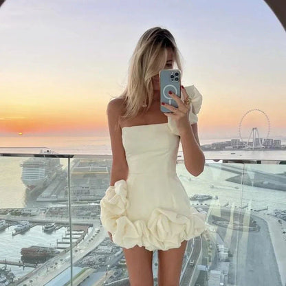 One-shoulder ruffled flower-bud design short dress for women in black, white, green, and blue
