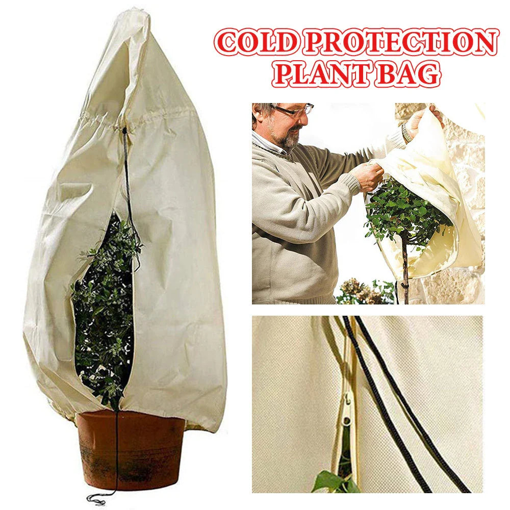 Non-woven plant protection cover in beige, designed to safeguard garden plants from frost, heavy rain, and pests during the British winter.