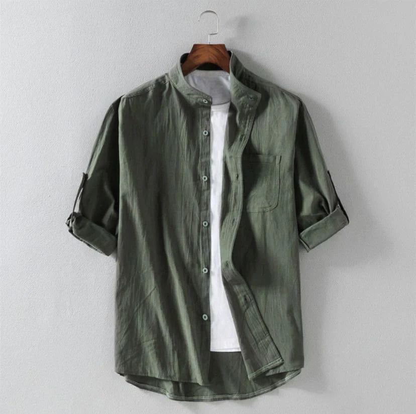 Men's linen stand collar loose shirt in cotton available in white, black, and green