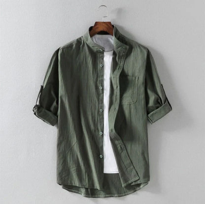 Men's linen stand collar loose shirt in cotton available in white, black, and green