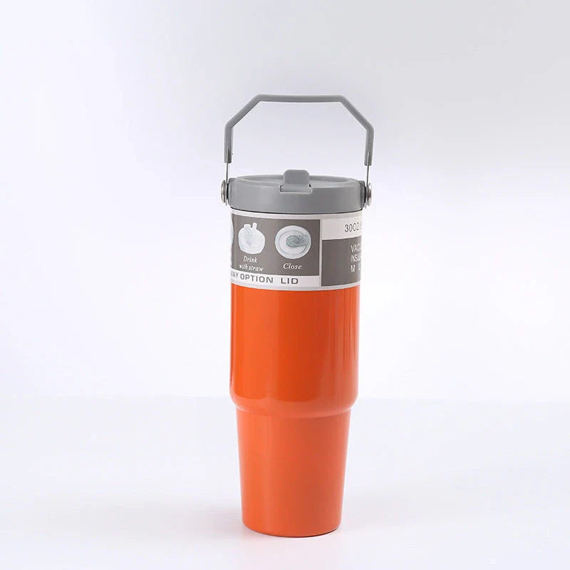 Stainless steel insulated tumbler with handle, available in multiple colors and sizes, designed to keep drinks hot or cold for hours.