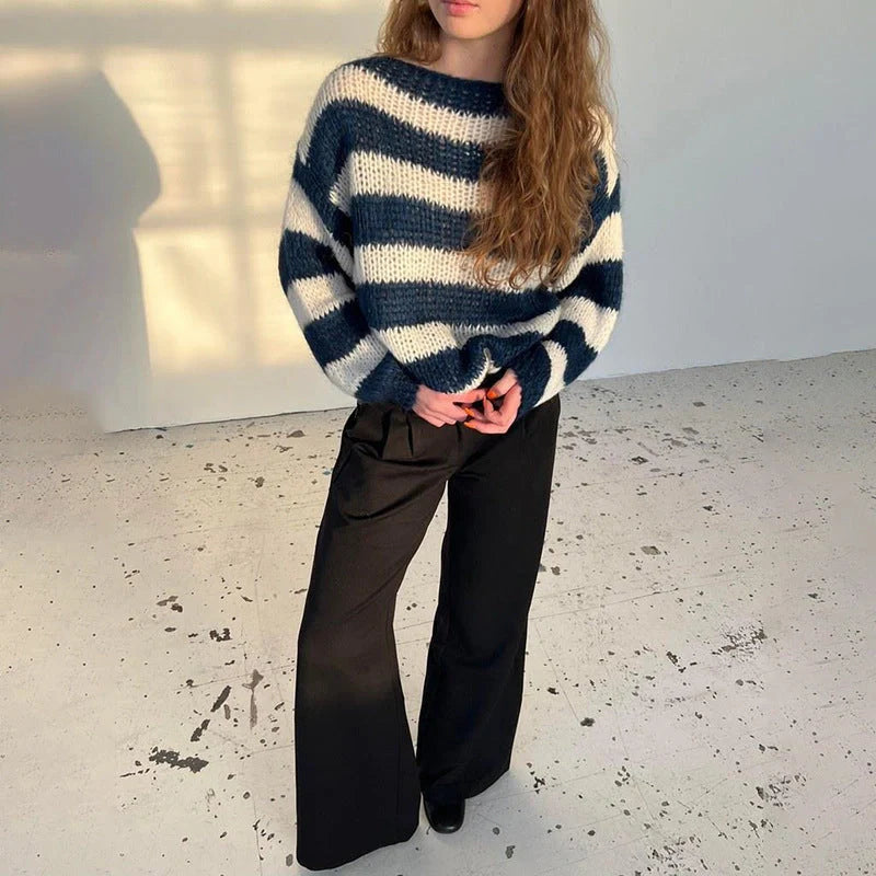 Stylish loose striped pullover sweater for women in various colours