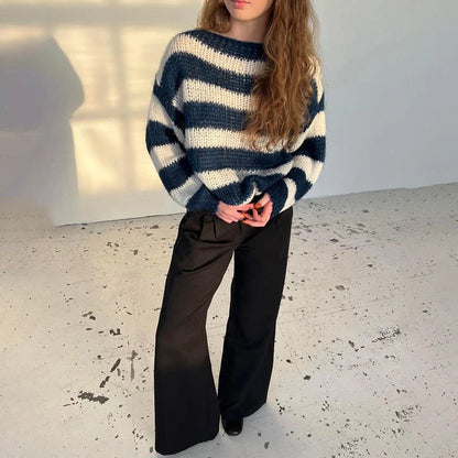 Stylish loose striped pullover sweater for women in various colours