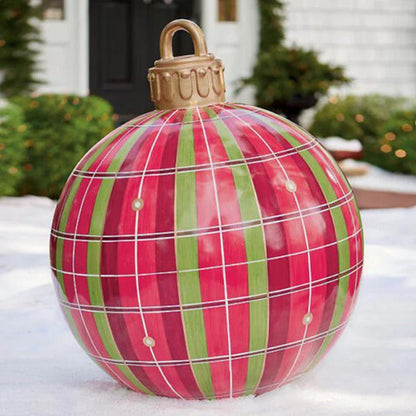 Inflatable Christmas baubles in various festive designs for outdoor holiday decoration