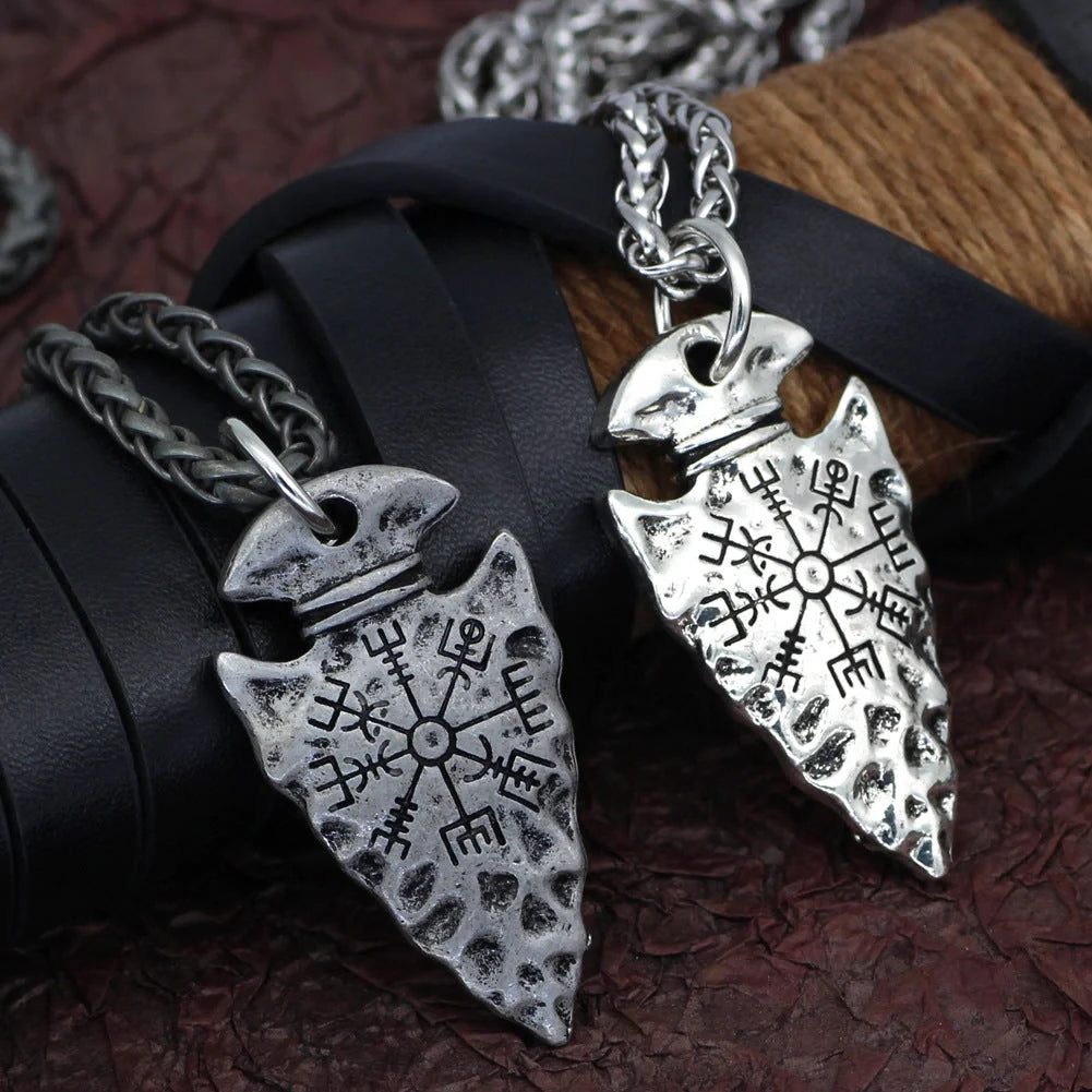 Alloy compass pendant necklace with twisted piece chain in silver and ancient tin finishes