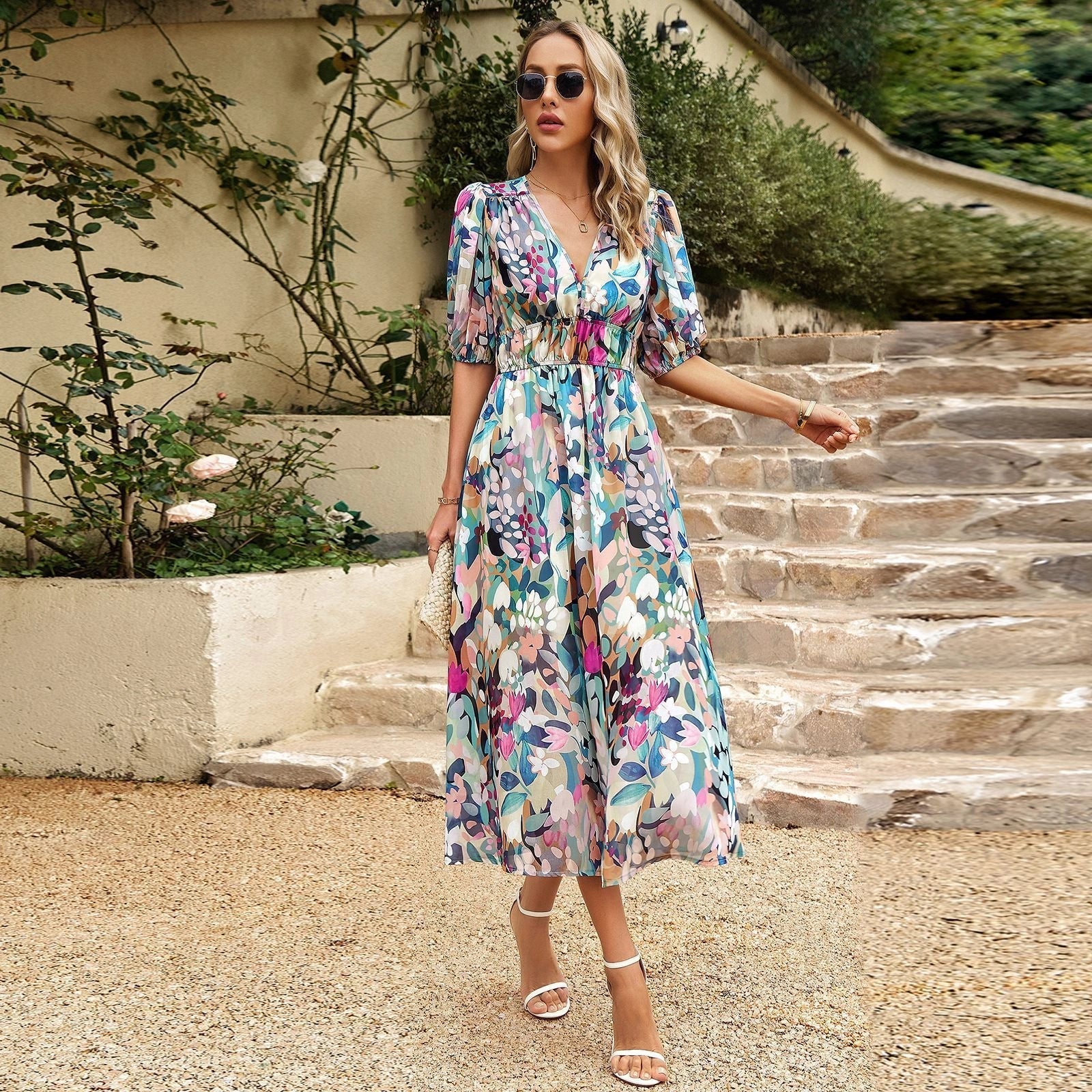 Stylish V-neck printed summer beach dress for women in various colours