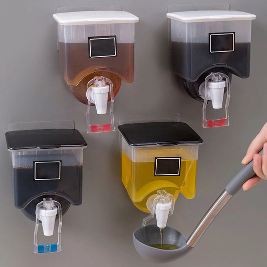 Wall-mounted condiment bottles in white and black, featuring press handle for easy pouring