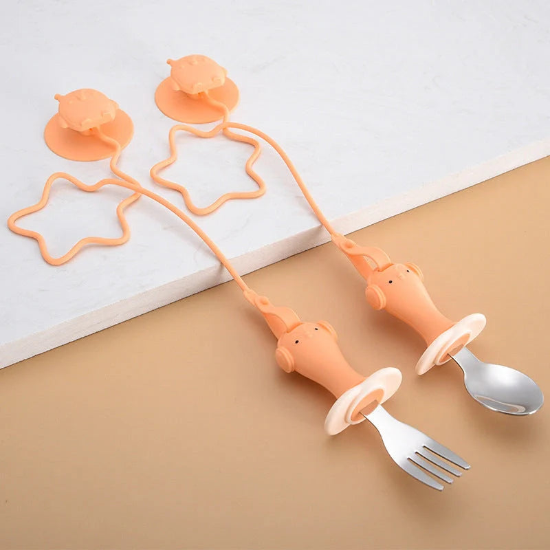 Stainless steel infant training spoon and fork set with silicone anti-drop chain and suction cup