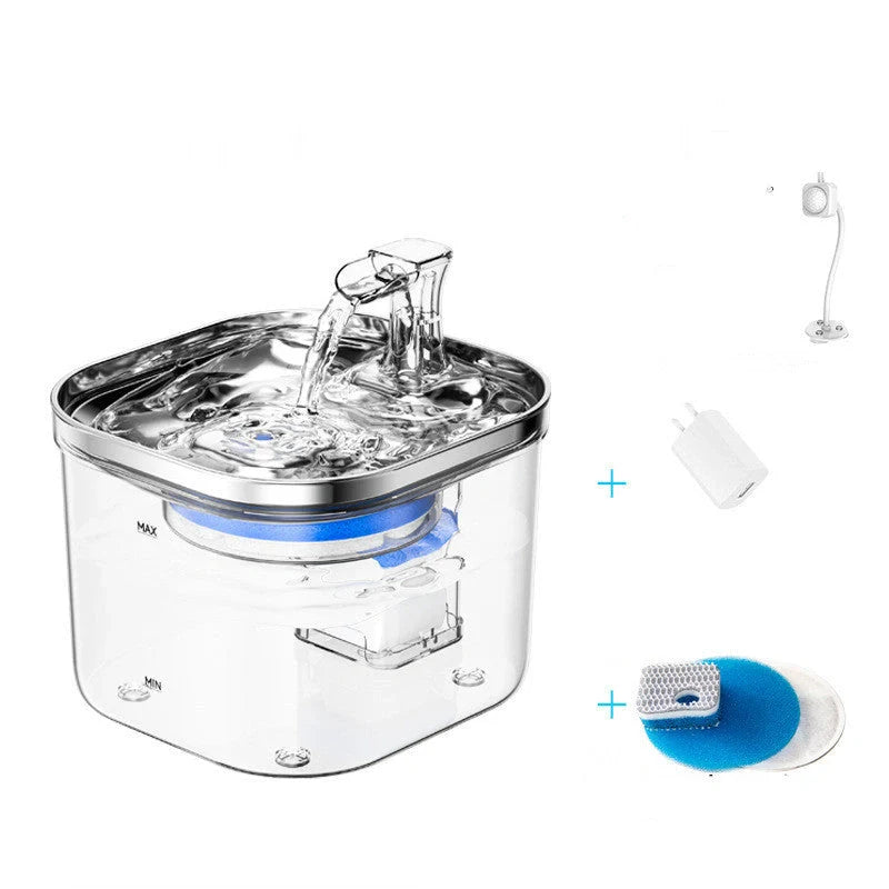 Stainless steel automatic pet water dispenser with 2-litre capacity and ultra-quiet pump