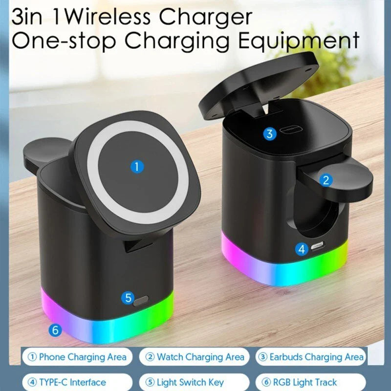 3-in-1 wireless charging station with RGB ambient lighting for smartphones, smartwatches, and wireless earbuds