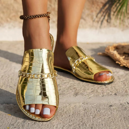 Stylish chain-embellished summer sandals for women featuring a comfortable artificial PU upper and durable rubber soles in a variety of chic colours