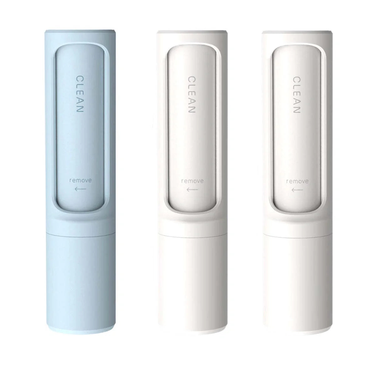 Rotating cylinder electrostatic pet hair remover brush in white, blue, green, and pink