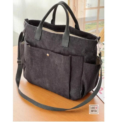 Stylish Spacious Canvas Shoulder Bag for daily commute in khaki, black, beige, and black corduroy style