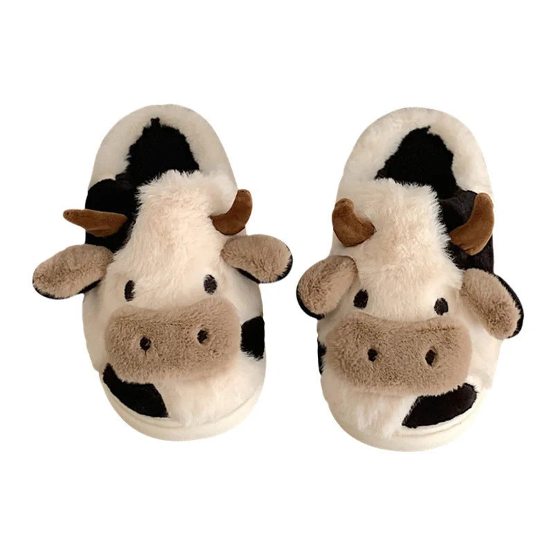 Women's Kawaii Cow Slippers with non-slip sole and plush lining in white and coffee colors