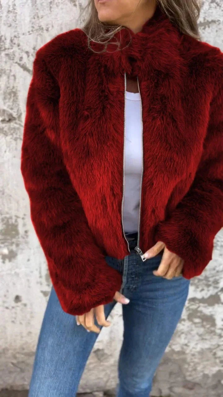 Women's winter stand collar zipper fleece jacket in faux fur, available in multiple colours