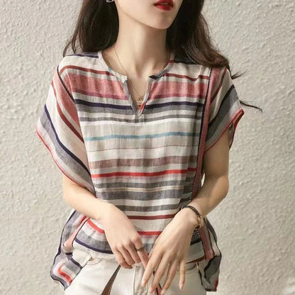 Women's striped V-neck cardigan in loose fit, available in multiple sizes