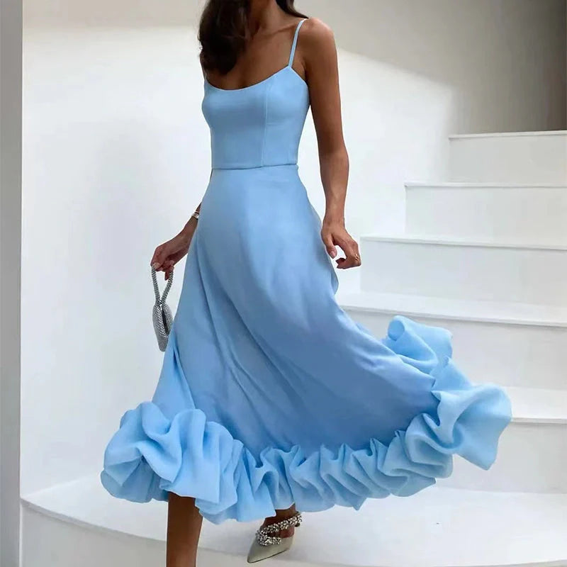 Fashionable chiffon dress with floral design, adjustable straps, and flowing A-line silhouette
