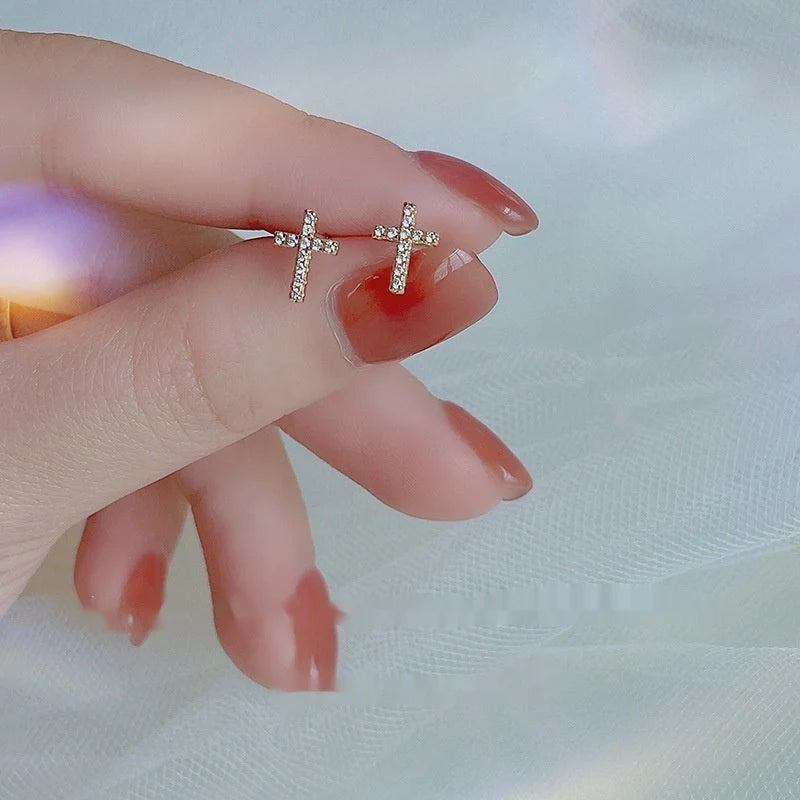Stainless steel cross earrings with zircon inlay in white gold and gold colours
