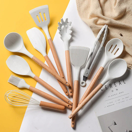 Premium silicone cooking utensil set with marble-patterned wooden handles for a stylish and heat-resistant kitchen accessory