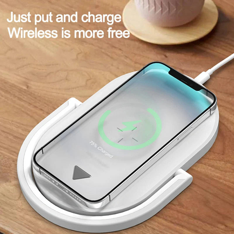 Foldable Wireless Charger with adjustable LED night light in white, black, green, and wood grain