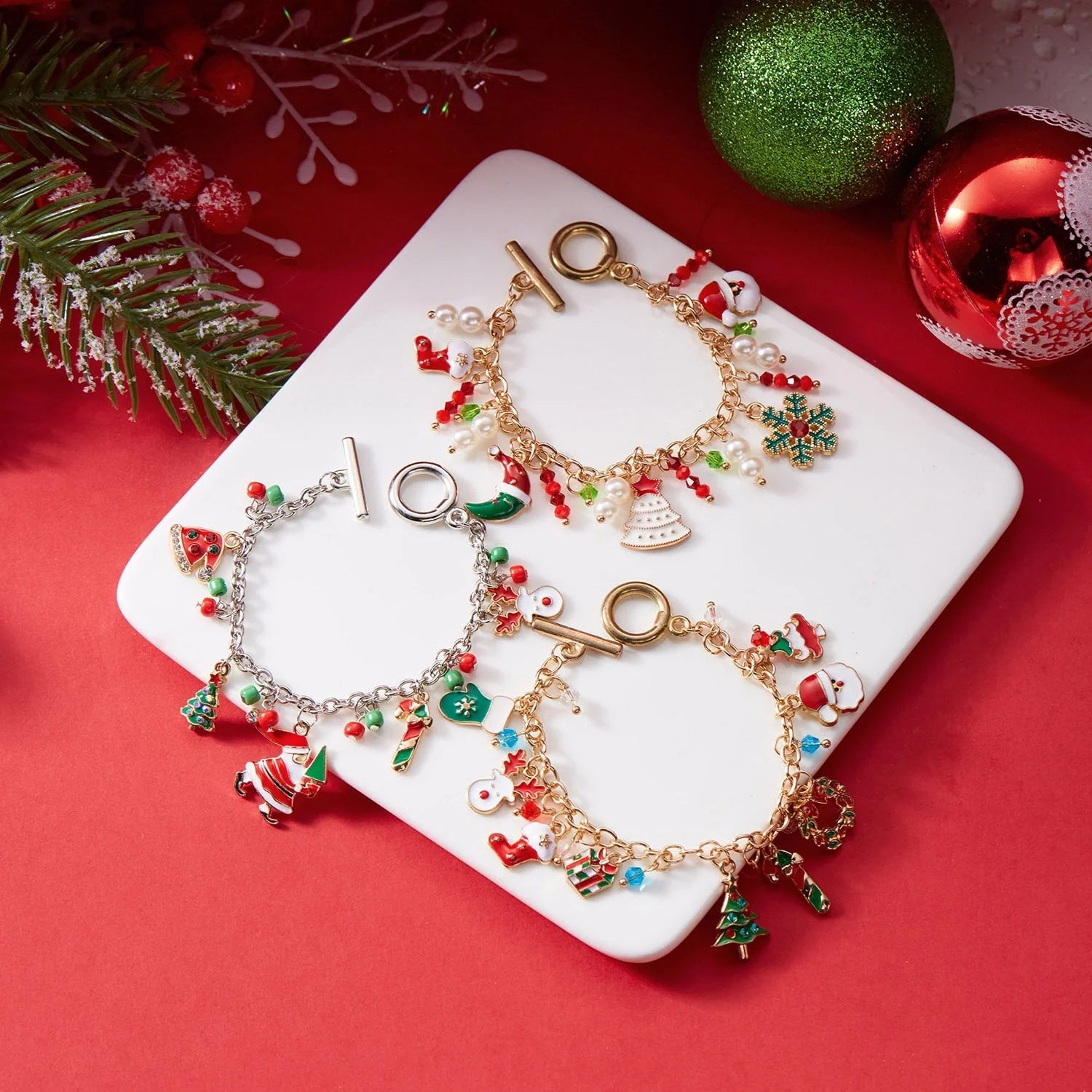 Festive Christmas bracelet with charms of a Christmas tree and Santa Claus, made of premium alloy materials