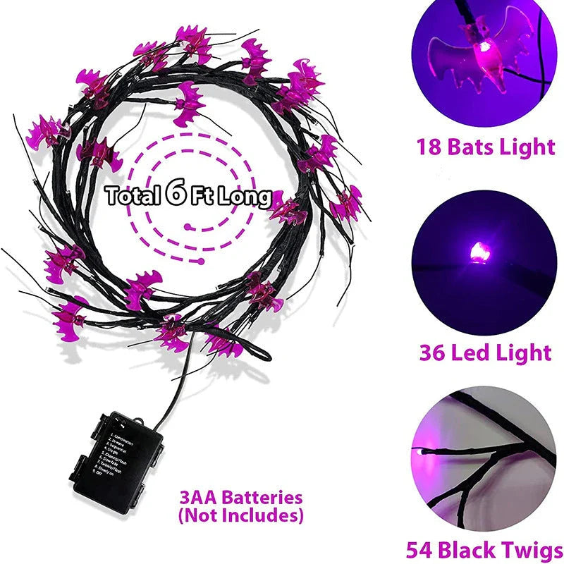 Spooky Halloween vine lights with cartoon bats and pumpkins for festive indoor and outdoor decor