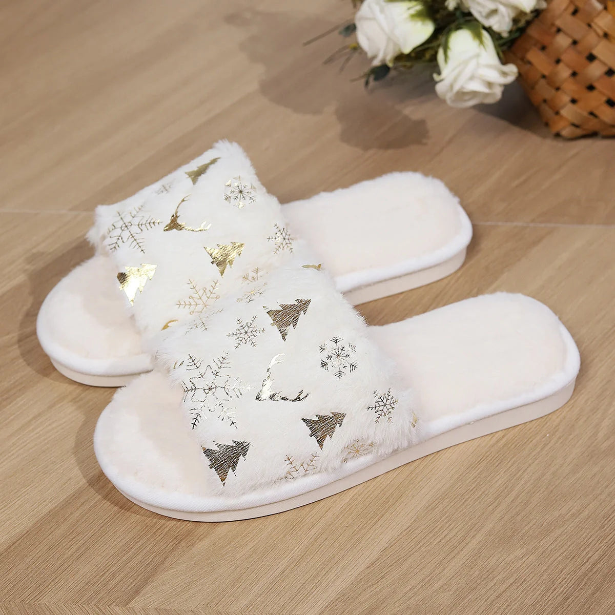 Christmas-themed white plush slippers with festive decorations and non-slip soles