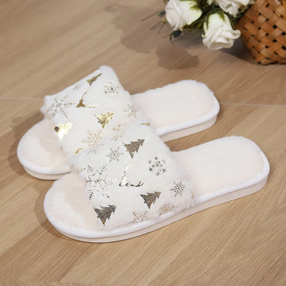 Christmas-themed white plush slippers with festive decorations and non-slip soles