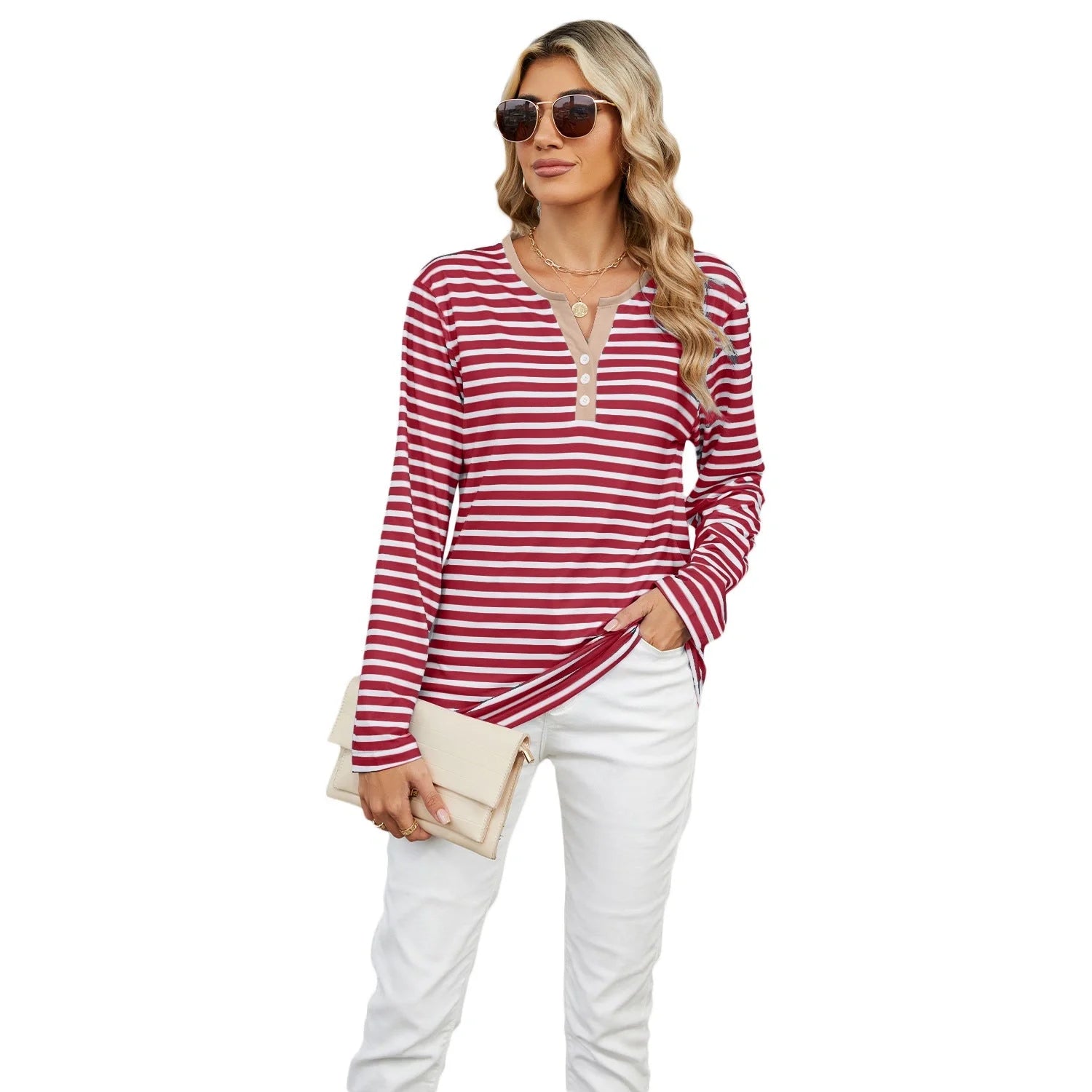 Women's V-neck striped loose long-sleeved t-shirt top in various colours
