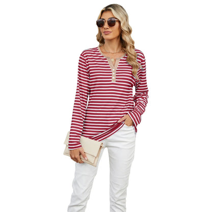 Women's V-neck striped loose long-sleeved t-shirt top in various colours