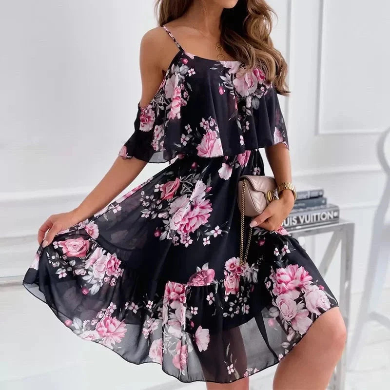 Flower printed ruffled suspender dress for women in summer