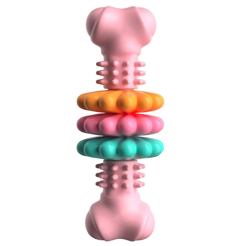 TPR dog chew toy bone shape in blue, pink, and green for teeth cleaning and stress relief
