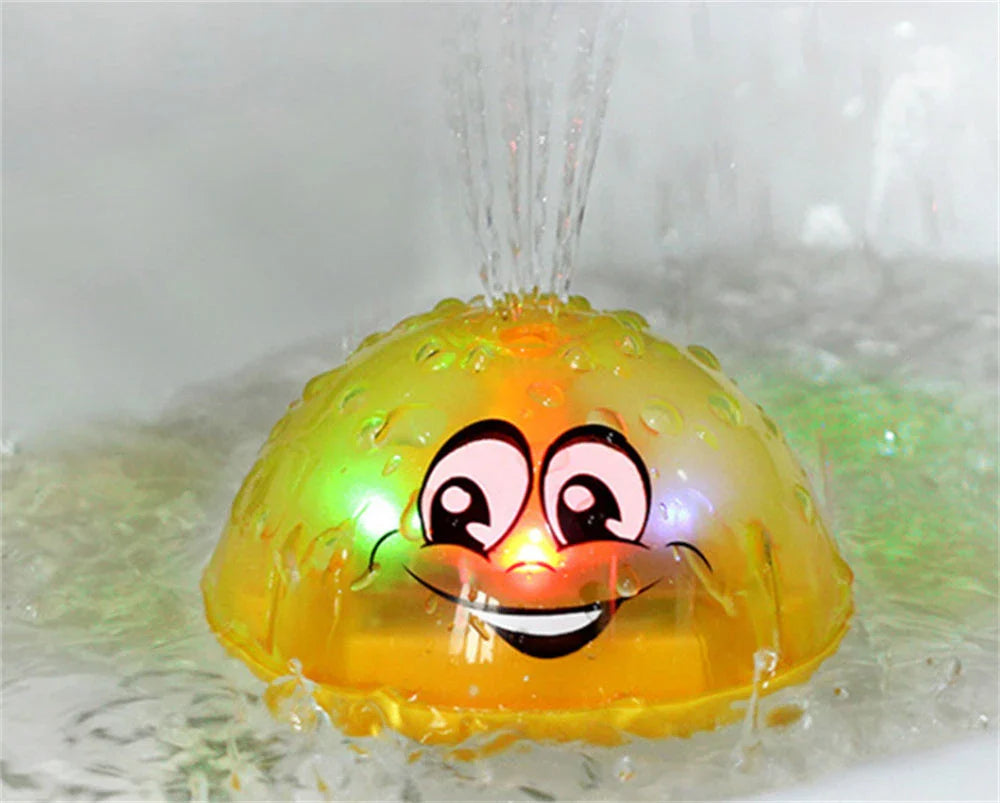Rotating water sprinkler toy with colourful design and water spray feature for children's bath time fun