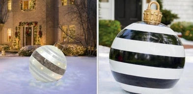 Inflatable Christmas baubles in various festive designs for outdoor holiday decoration