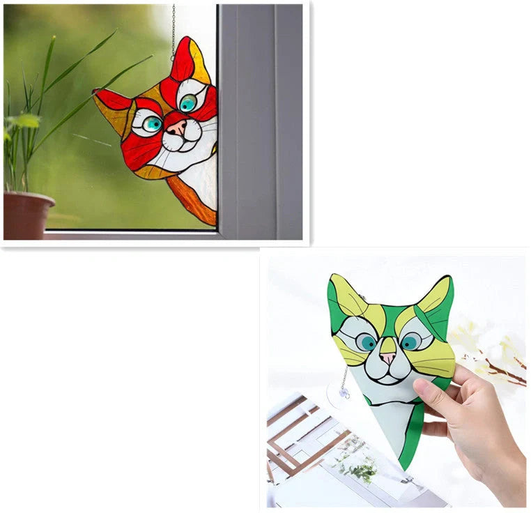 Colourful stained glass cat window hanger decoration, reusable PVC sticker