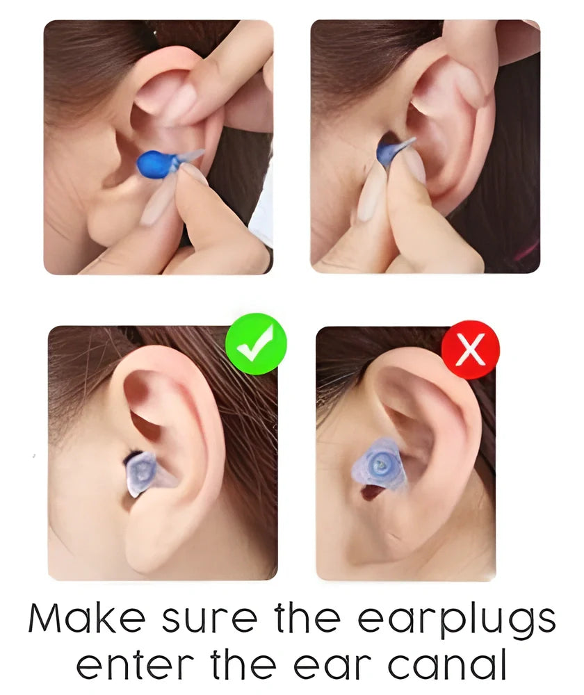 Multipurpose pressure-equalising earplugs in blue silicone with clear flanges, designed for comfortable in-flight use and various noise-filled activities.
