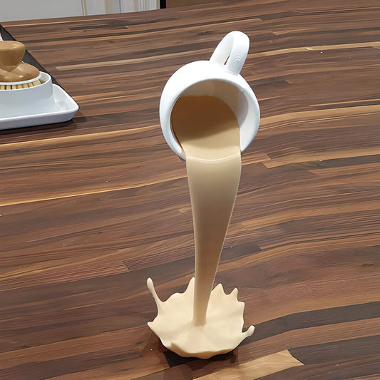 Elegant floating coffee cup art sculpture with a unique and mesmerising design, crafted from high-quality resin for a sophisticated decorative accent.