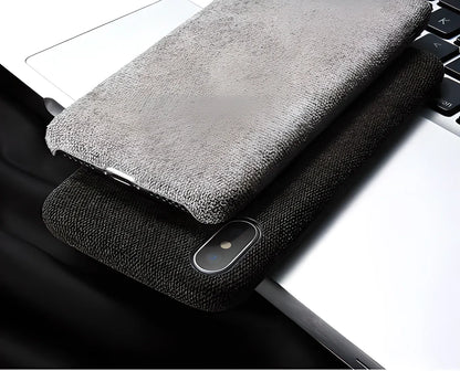 Stylish textile cloth phone case for iPhone, featuring a soft, lightweight design and precision-engineered construction for a perfect fit.